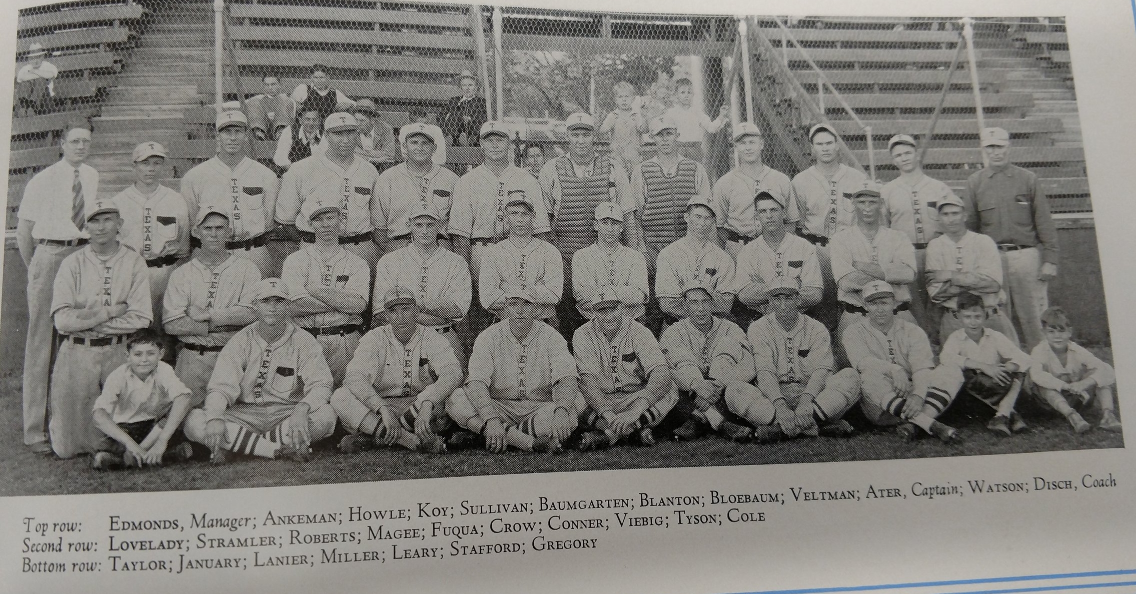  1933-1934 (top Edmonds, Andeman, Howle, Koy, Sullivan, Baumgarten, Blanton, Bloebaum, Veltman, Ater, Captain Watson, Disch, second row Lovelady, Stramler, Roberts, Magee, Fuqua, Crow, Conner, Viebig, Tyson, Cole, bottom Taylor, January, Lanier, Mill