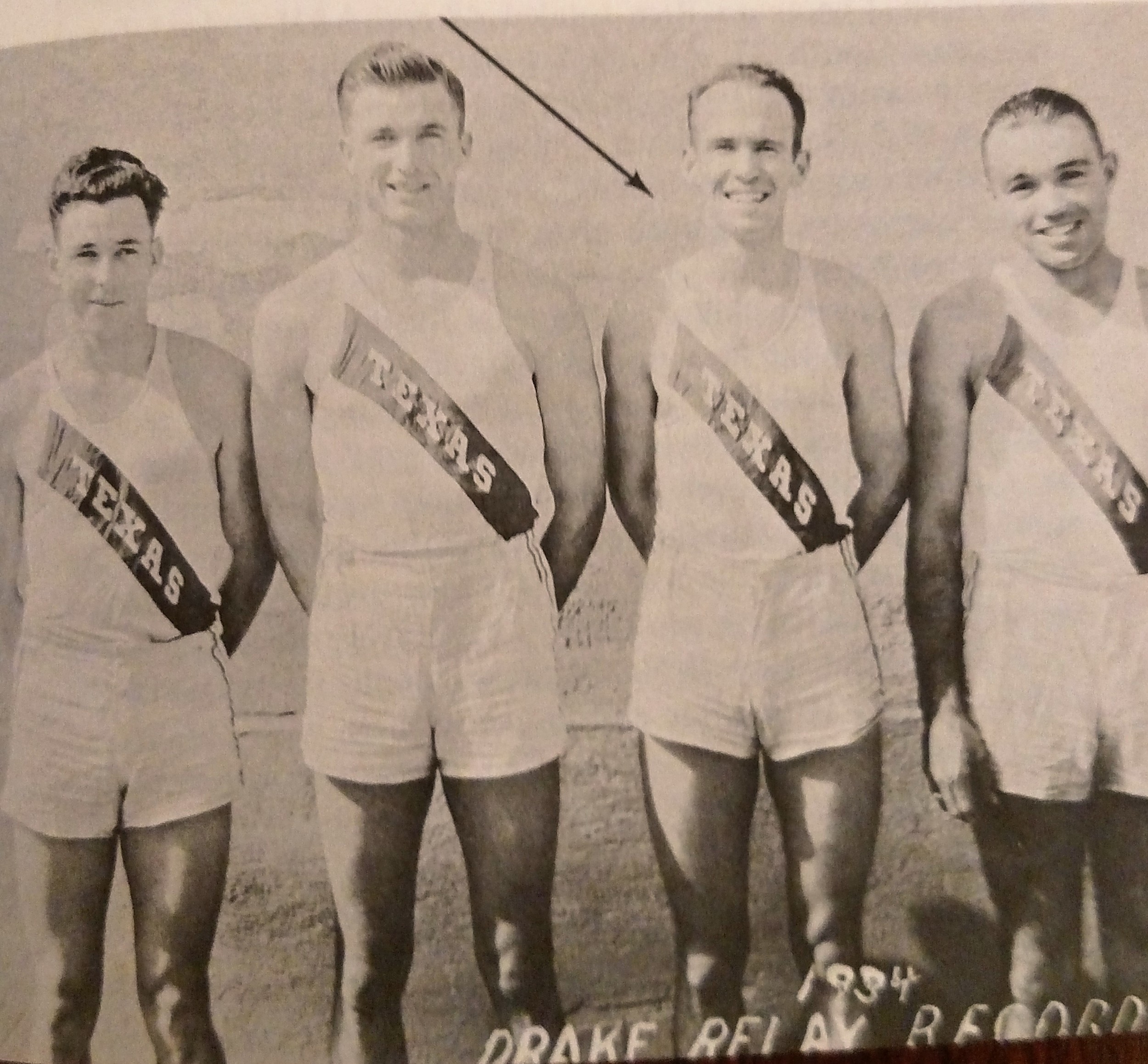 1934 Drake Relays- arrow pointing to Alex Cox