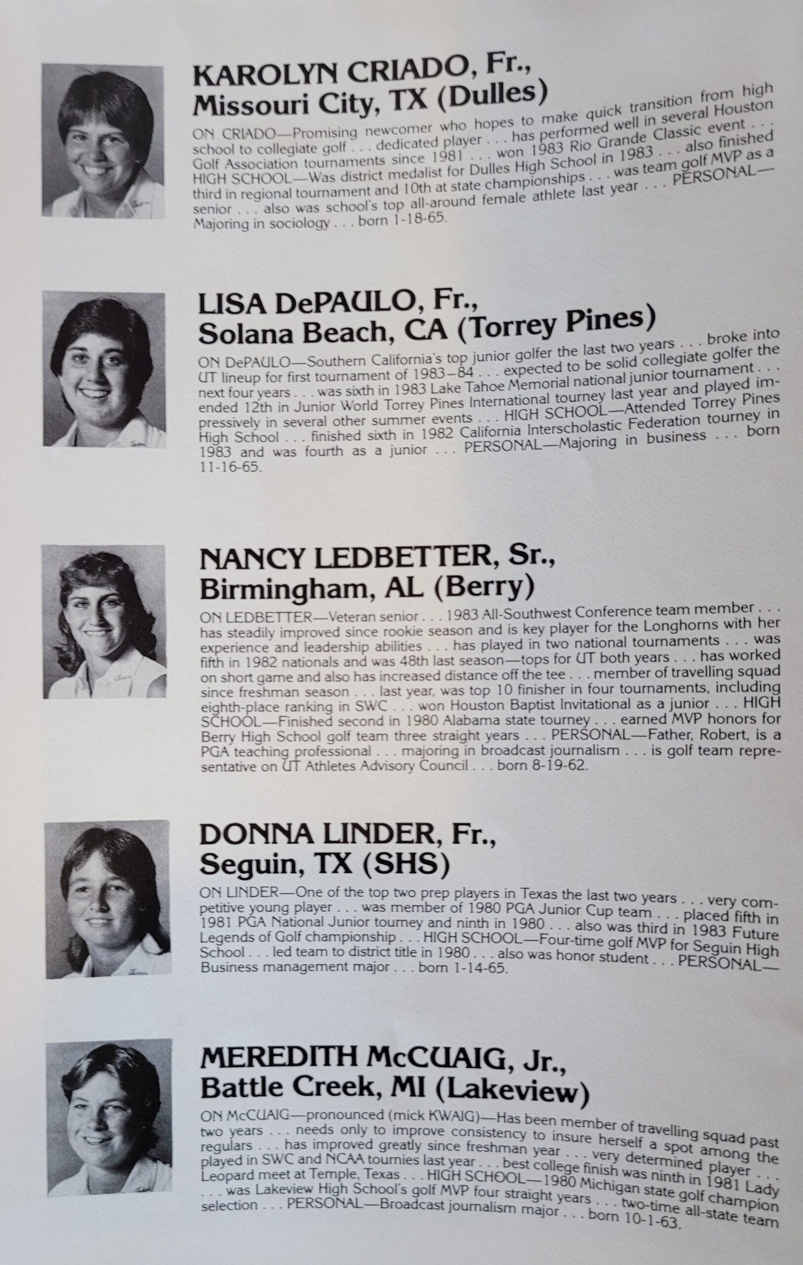 1985 women's golf  Criado, DePaulo, Ledbetter, Linder, McCuaig.jpg