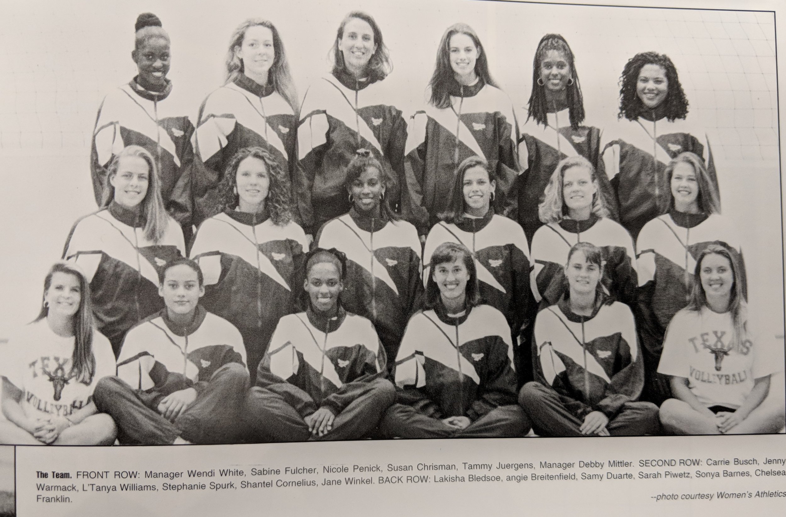  1994 volleyball  Front row- White, Fulcher, Penick, Chrisman, Juergens, Mittier- middle- Busch, Warmack , Williams, Spurck, Cornelius, Winkel - Back - Bledsoe, Breitenfield, Duarte, Piwetz, Barnes, Franklin 