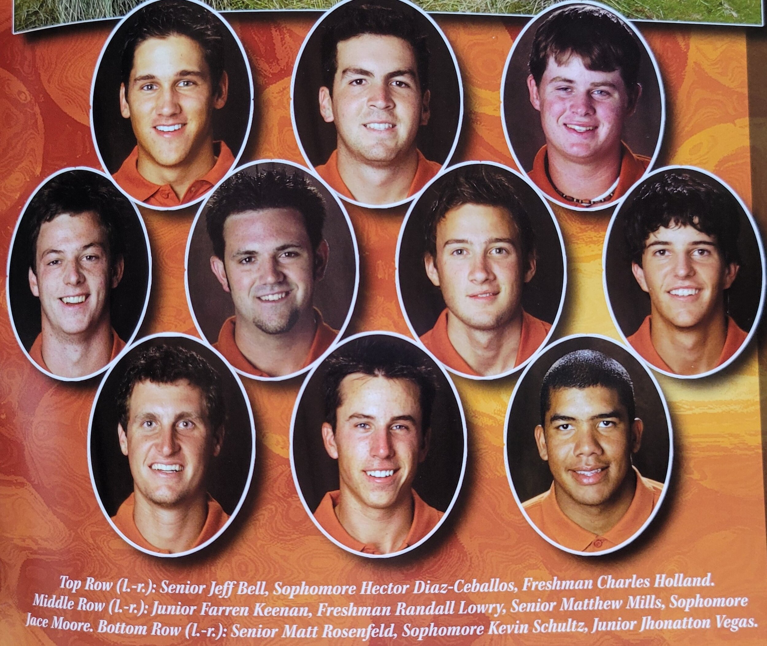 2006  Men's golf top row Bell, Diaz-Ceballos, Holland, middle row  Keenan, Lowry, Mills, Moore, bottom row   Rosenfeld, Schultz, Vegas.jpg