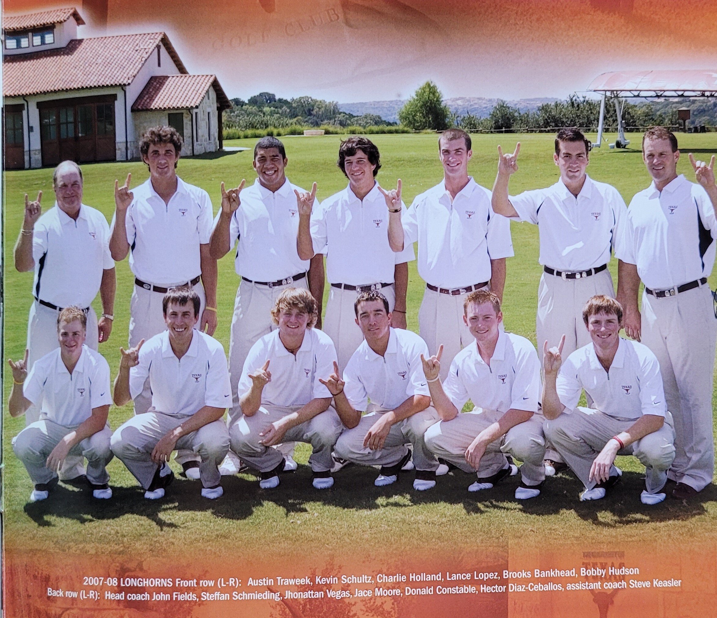  2008  men's golf  front Traweek, Schultz, Holland, Lopez, Bankhead, Hudson , back row Fields, Schmieding, Vegas, Moore, Constable, Diaz-Ceballos, asst. coach Steve Keasler 