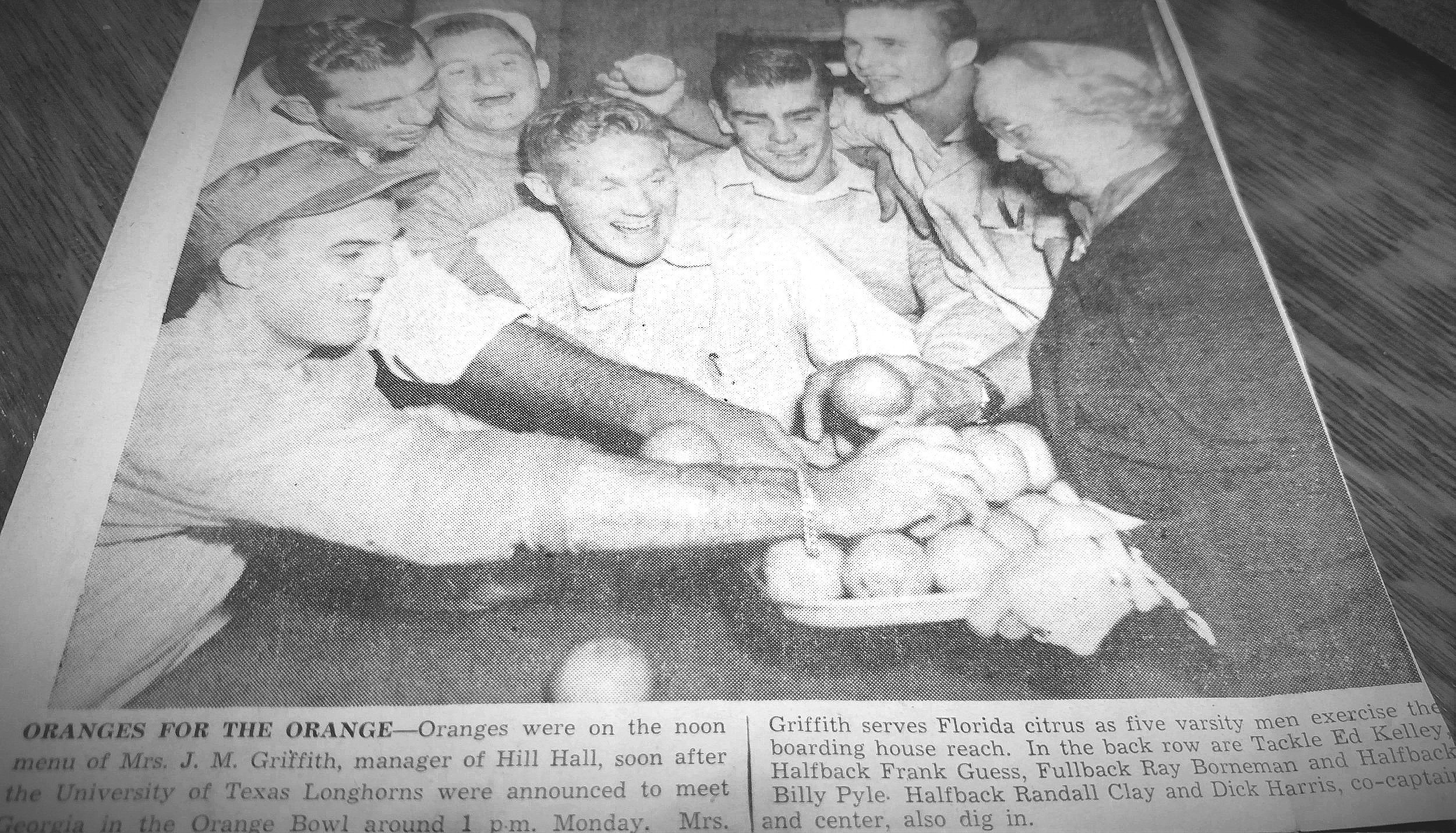  Back row: Ed Kelley, Frank Guess, Ray Borneman, Billy Pyle, front : randall Clay, Dik Harris.  Ma is servinging up oranges as a snack.  