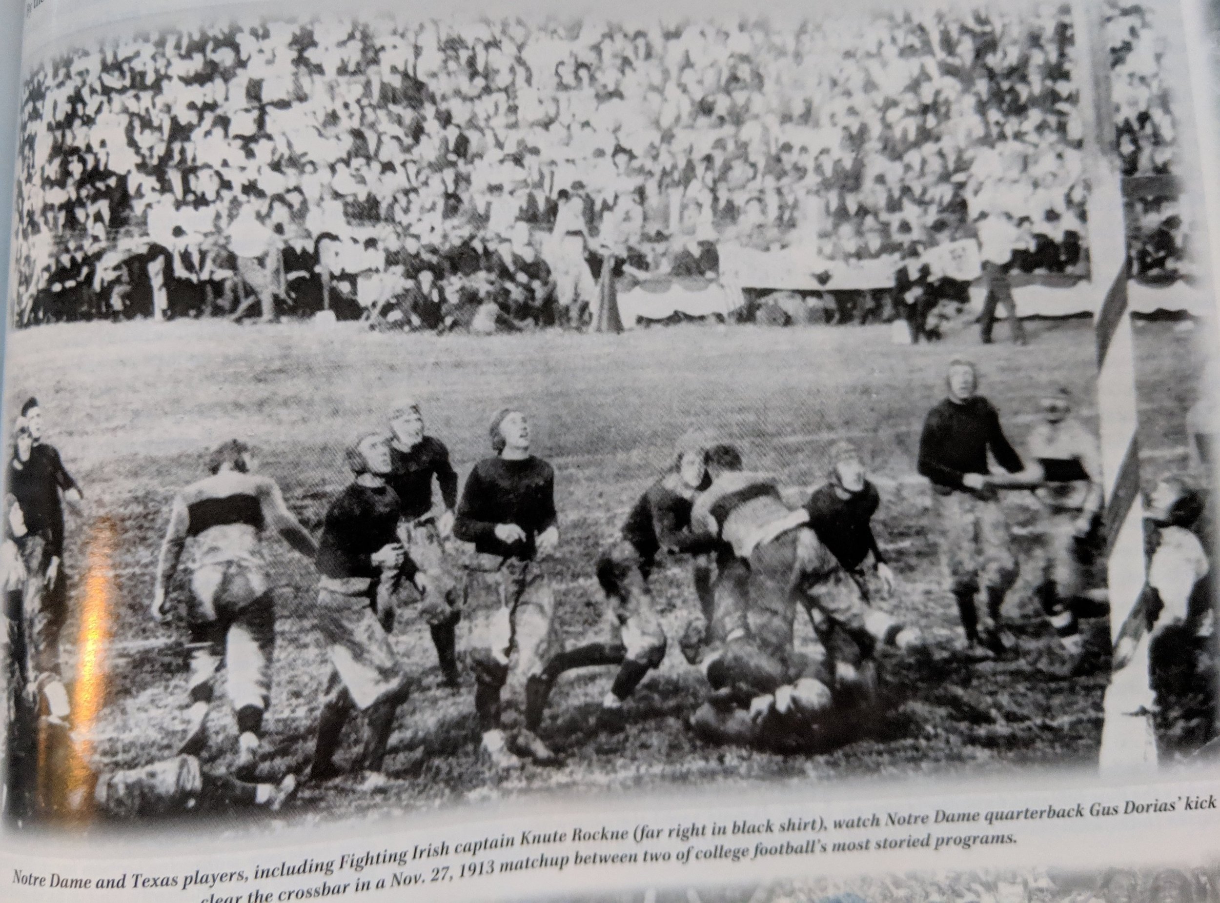 Knute Rockne is far right in black. Unfortunately, Clyde Littlefield the starting Longhorn quarterback is hurt and does not play against Notre Dame. 